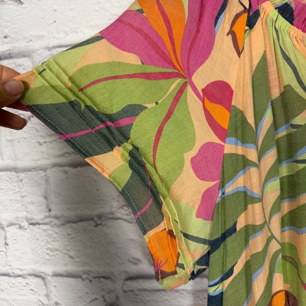 Sharagano Tropical Print Midi Dress Womens PL Short Sleeve Tiered Boho Vacation - Picture 11 of 12